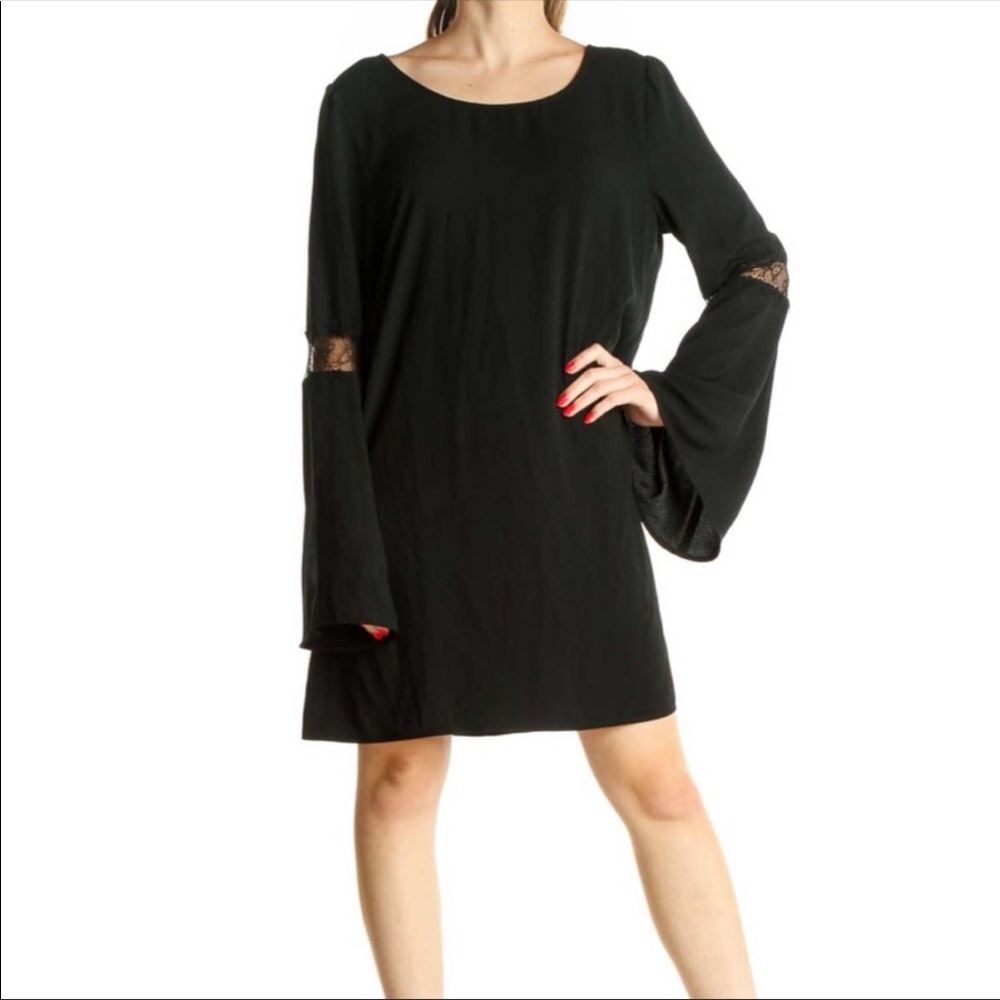 Leith black bell sleeve scoop back dress with lace detailing. Size XS.